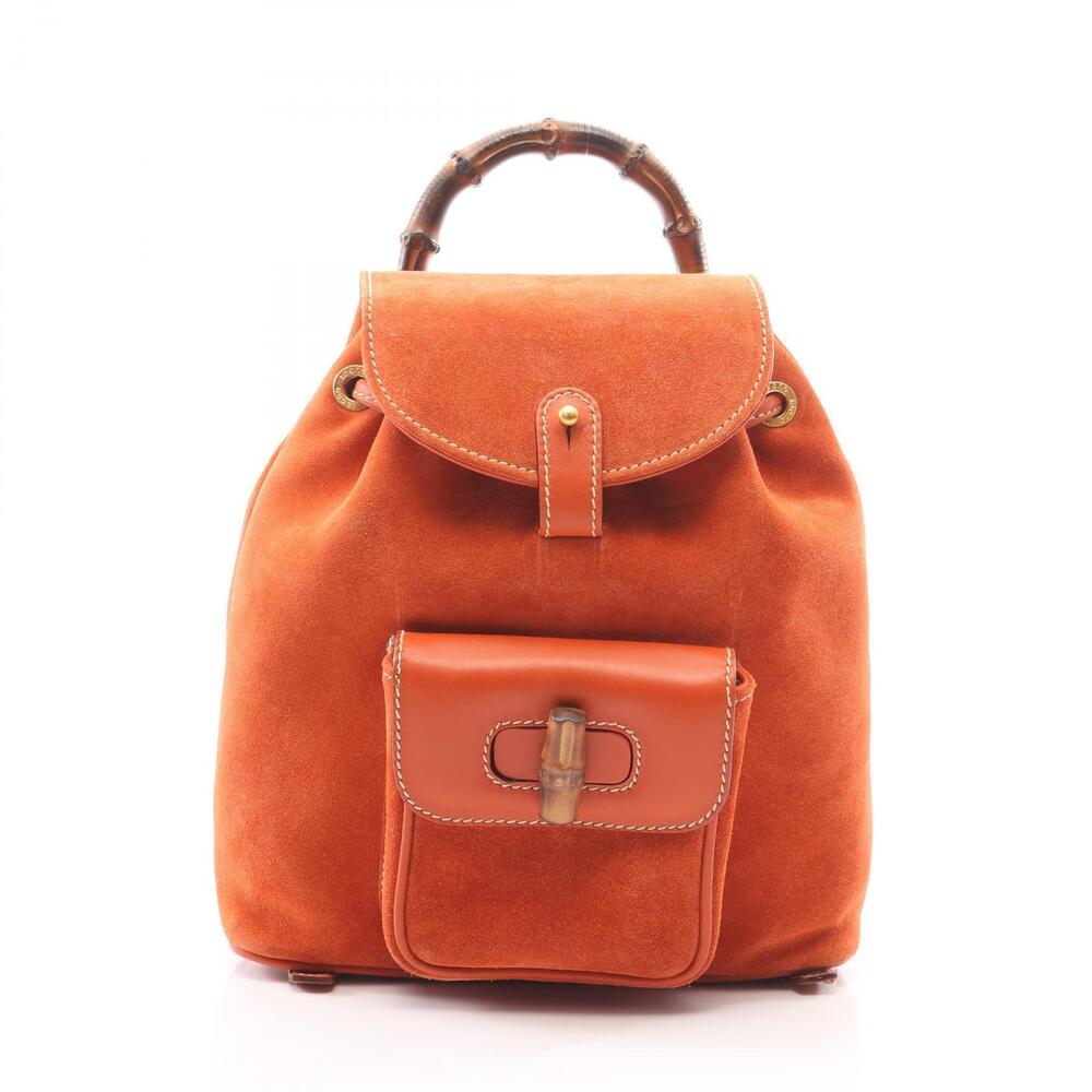 Gucci Bamboo Drawstring Backpack Rucksack Suede Leather Orange